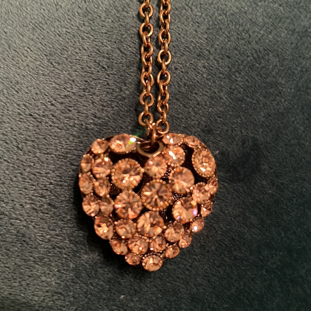 Champagne Colored Rhinestone Heart Pendant Long Chain - Picture 3 of 6